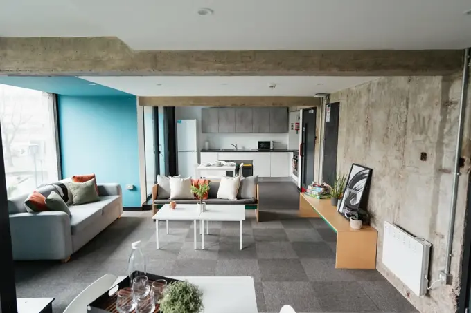 High shot of dining, seating and kitchen areas